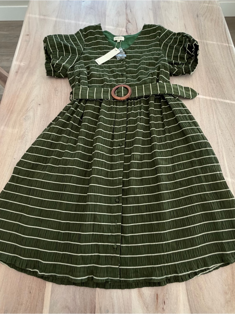 NEW ROOLEE Green Striped Dress Belted Puff Sleeves Size Medium